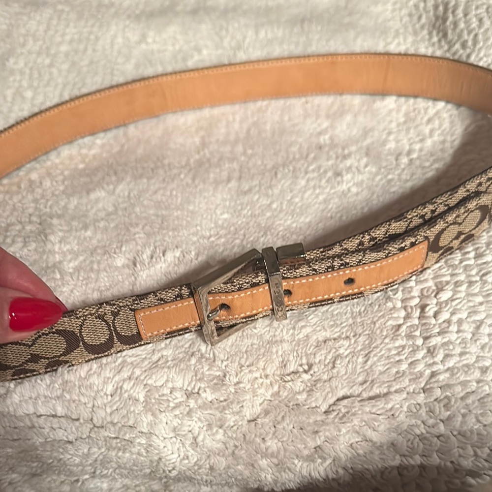 Coach Brown and Tan Leather Belt with Signature Pattern